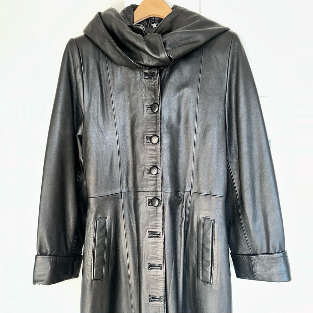 Besikler European Belted Full Length Leather Trench Coat Black size S